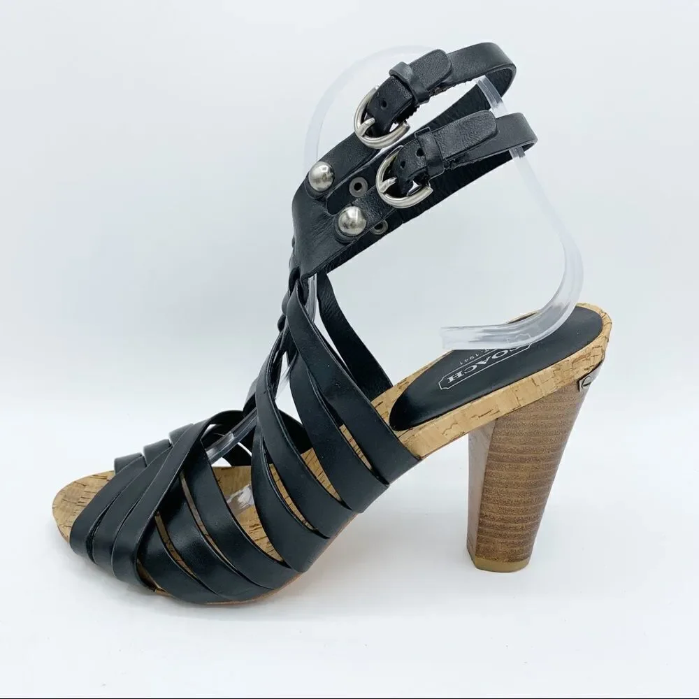 Coach · Black Leather Strappy Adrienne Block‎ Heels · Sz 8.5